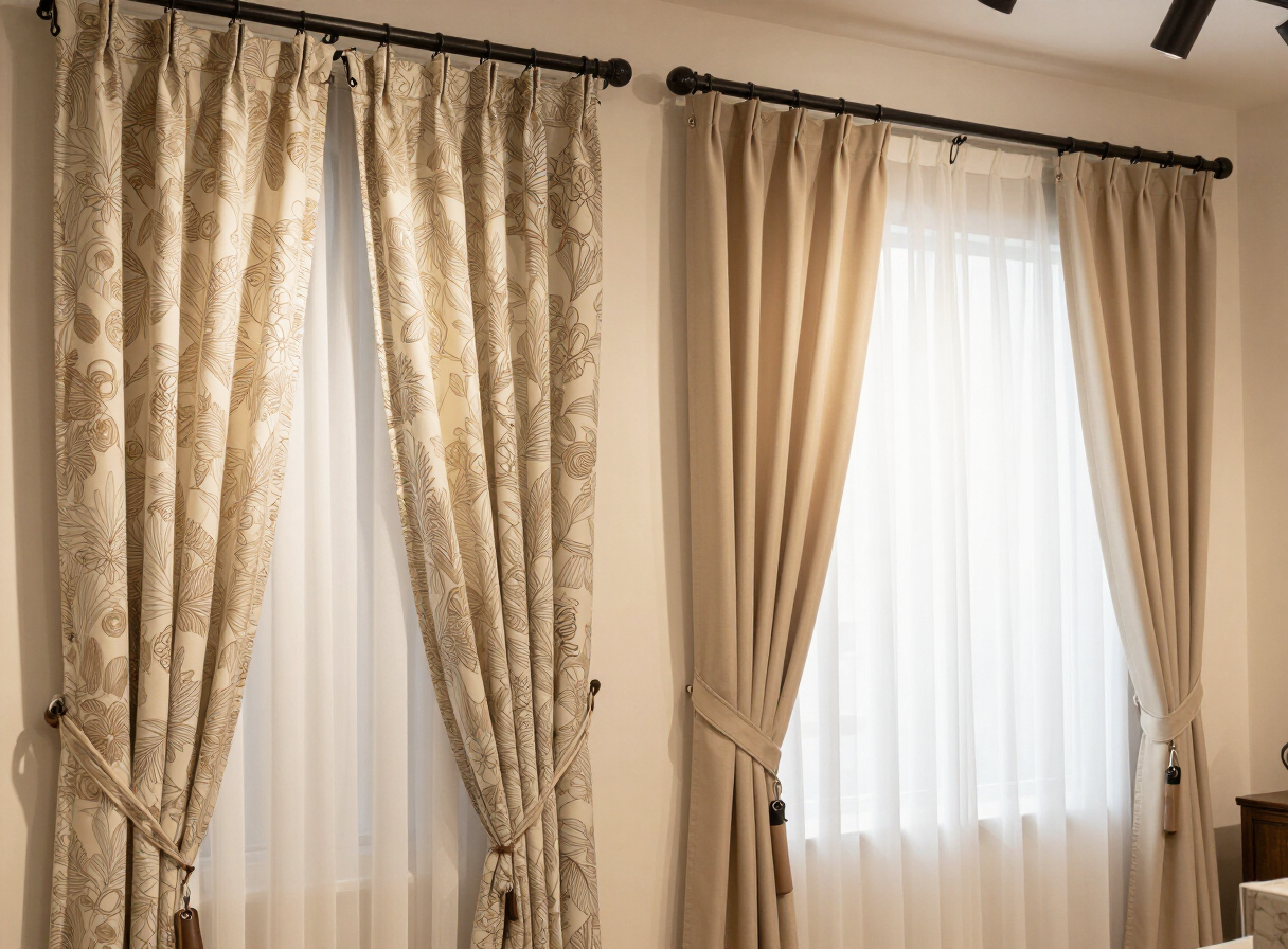 Different kinds of curtains and their accessories displayed in a furnishings showroom