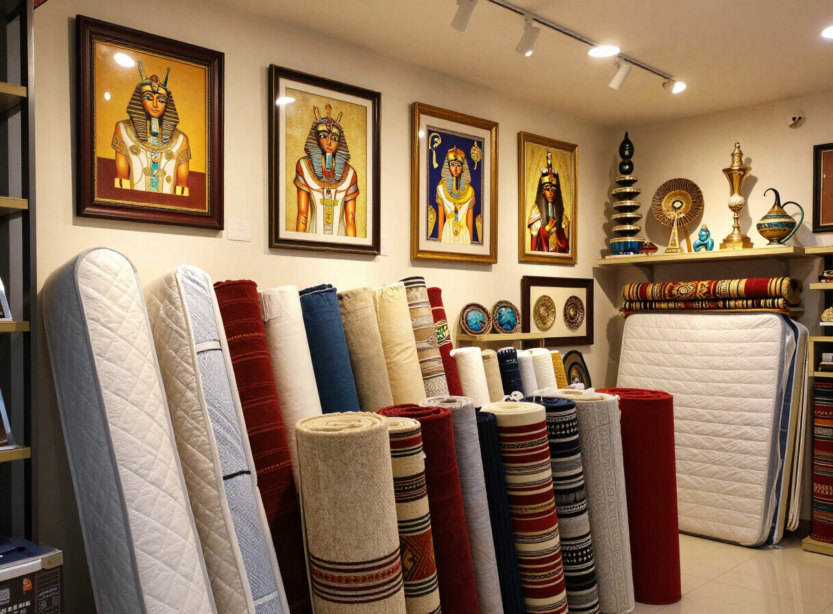 Home décor, mattresses, rugs, carpet and fabrics displayed in a store