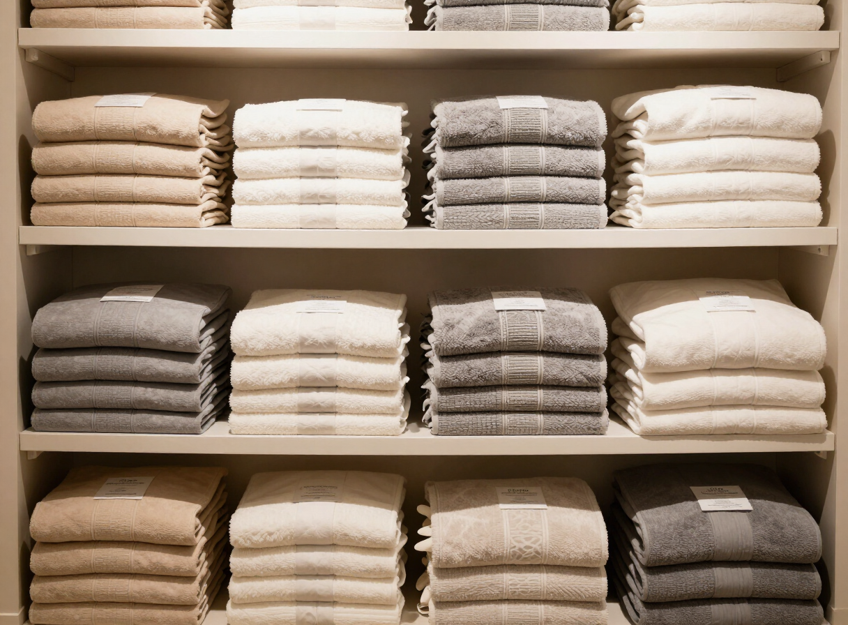 Home textiles arranged on store shelves — bed, dining, living and bath linens