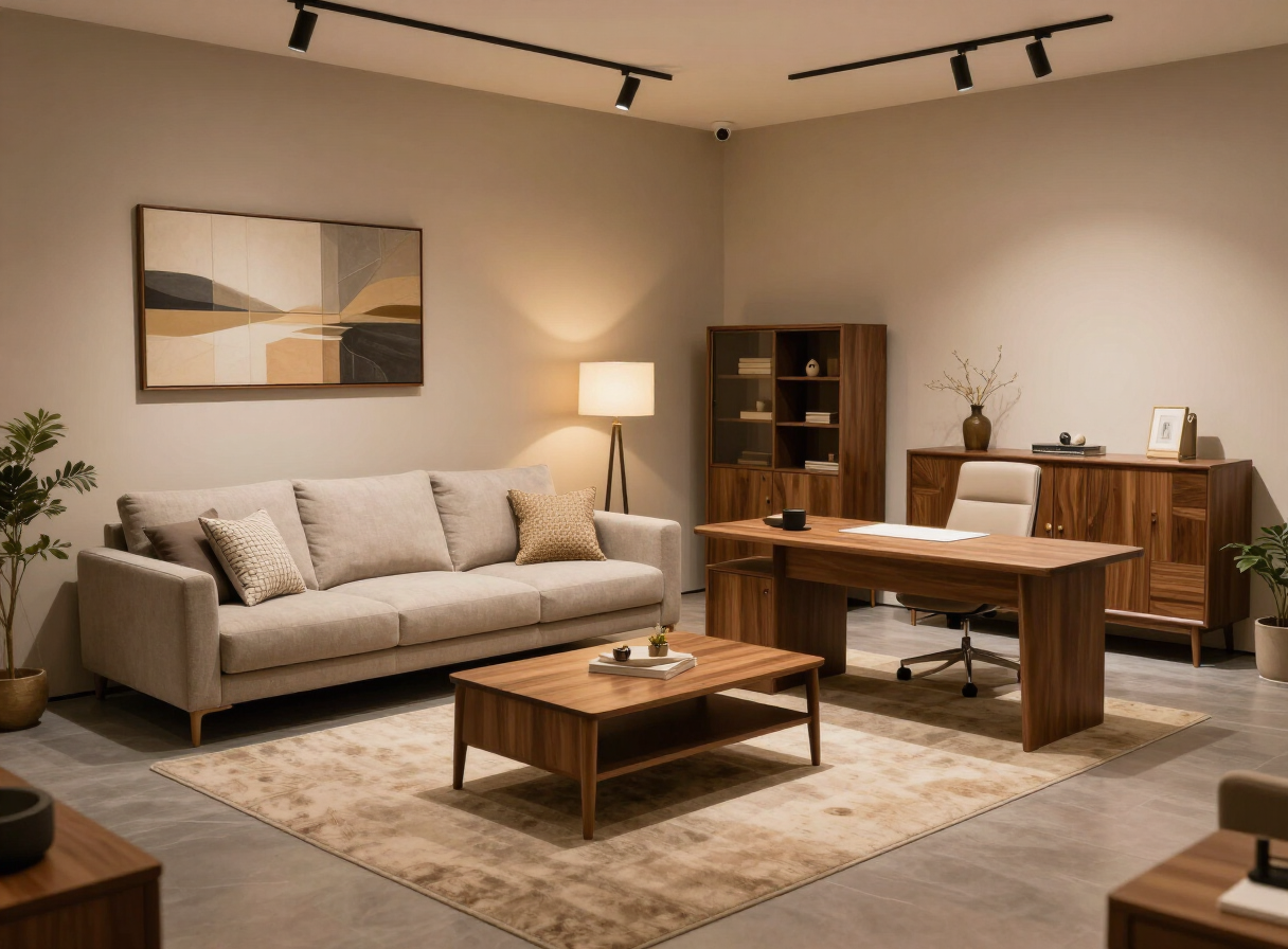 Bedroom and living-room furniture displayed in a showroom