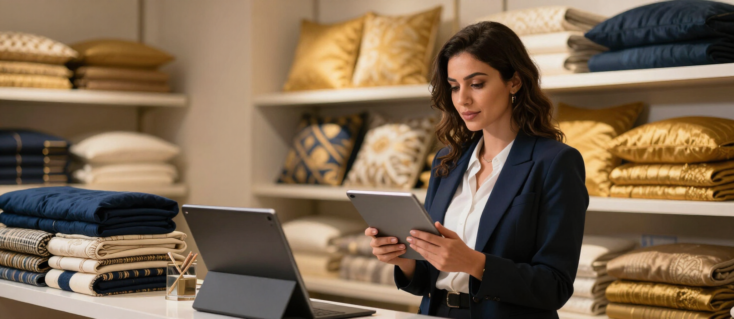 A seller reviewing growing sales in a modern showroom