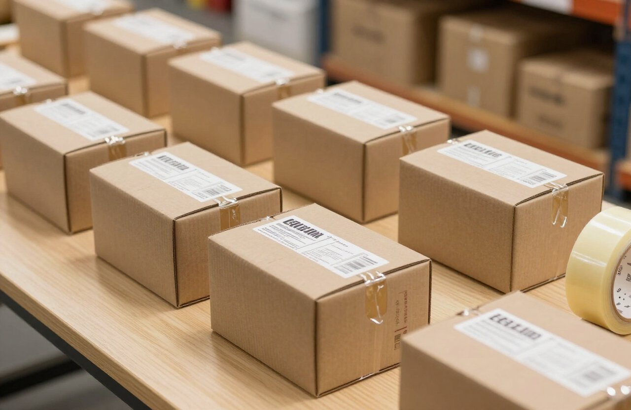 Product boxes being wrapped and prepared for shipping on a packing table
